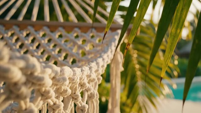 Close-up of a white macrame hammock in a tropical garden. Relaxation and vacation concept with palm trees during golden hour.