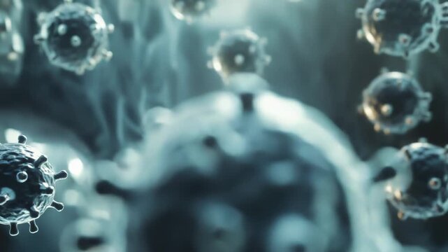 Microscopic view of virus or bacteria particles replicating and actively spreading within a biological environment, representing infection, immune response, and global health challenges