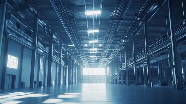 Large empty industrial warehouse showroom with high ceilings, exposed beams and expansive concrete floor flooded by large windows, ideal for business, storage or redevelopment