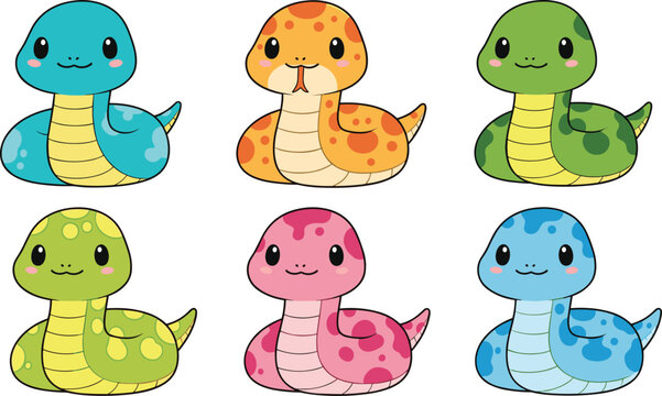 Cute Cartoon Snake Character Set Featuring Colorful Baby Serpents with Different Patterns Expressions and Adorable Reptile Illustration Collection