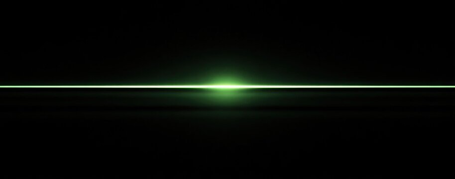 A vibrant horizontal streak of green light glows intensely against a black void