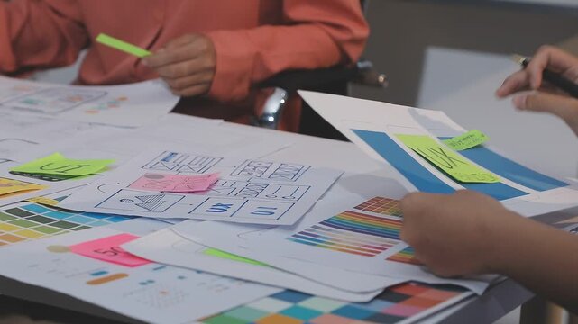 Asian uxui designer working on website design using sticky notes and wireframes