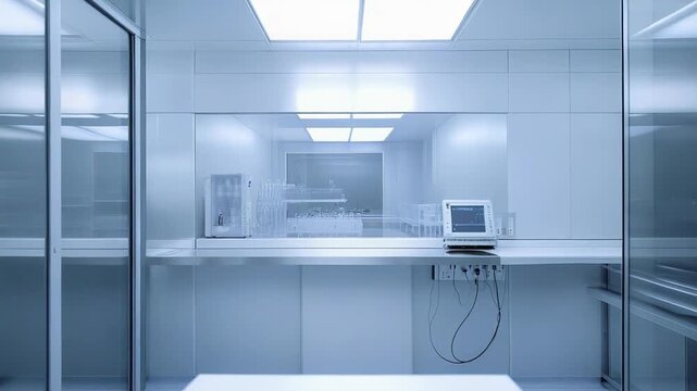Cleanroom laboratory features sterile environment with advanced equipment, designed for precision medical research and scientific analysis in a controlled setting