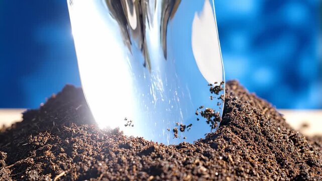 A metal garden trowel digging into rich, dark soil. Preparing fertile ground for planting. Agriculture and horticulture concept