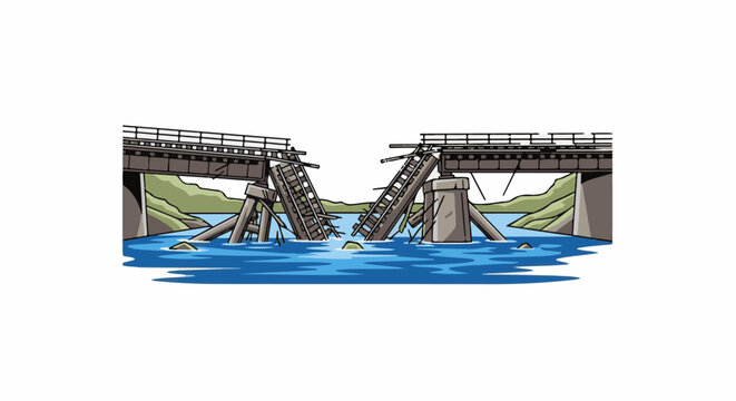 A collapsed railway bridge lies broken over a blue river, with green hills in the background