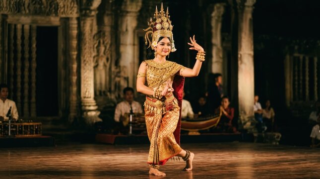 Elegant Apsara Dancer Performing Traditional Cambodian Dance on Stage.