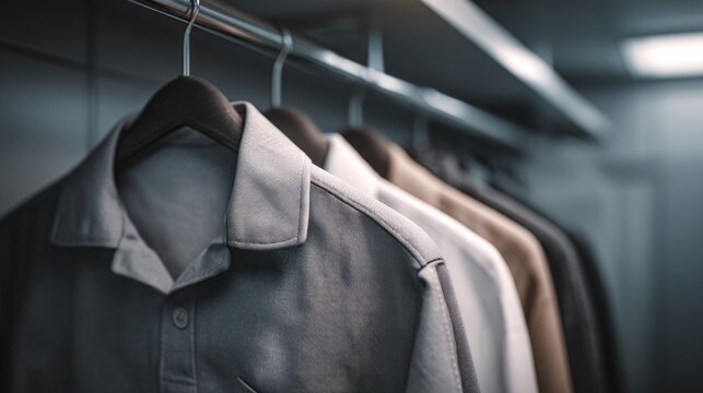 Neatly organized work uniform hanging on a hanger inside a well-lit closet, showcasing a white shirt with buttons and a pocket