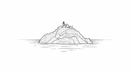 Naklejka premium Monastic structure atop a rugged island, depicted in a minimalist line drawing style