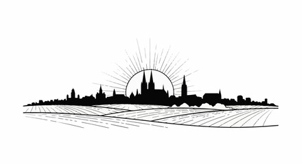Obraz premium City skyline silhouette with sunburst over rolling fields