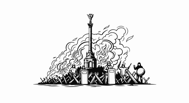 Monument engulfed in flames, surrounded by barricades and figures in protective gear