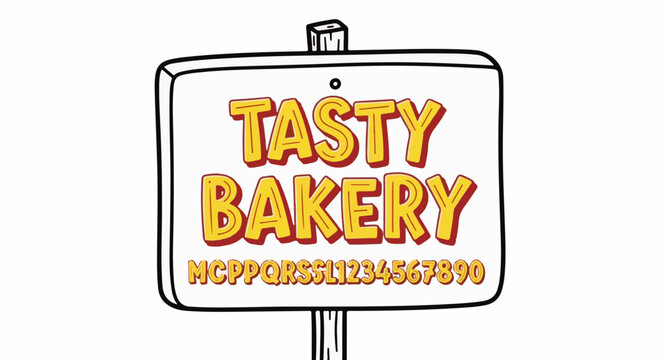 Cartoon style sign with bold yellow text for "TASTY BAKERY" on white