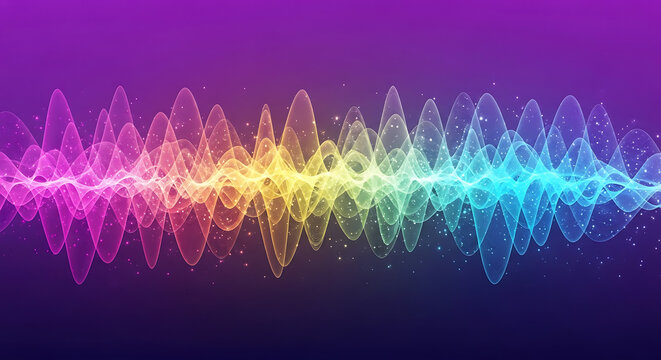Sound waveform abstract background with rainbow colors and particles with sound wave