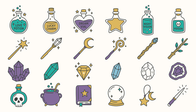 Magic and fantasy icons collection with potions and wands