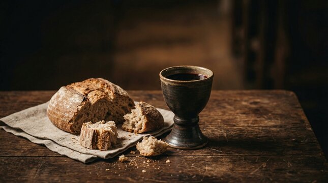 Rustic loaf of bread broken into pieces with a chalice filled with red wine on a wooden table