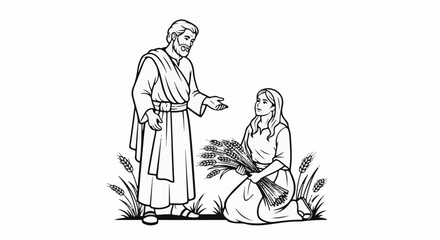 Obraz premium Man in robe speaks to woman kneeling with wheat in field