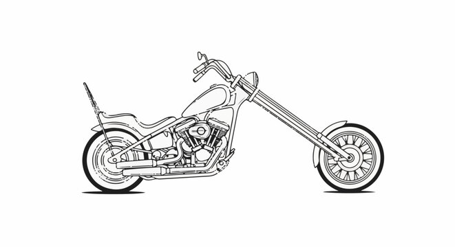 Detailed line art sketch of a classic custom chopper motorcycle