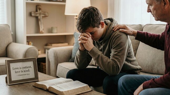 A young man clasps hands in prayer beside an open Bible while an older man offers comfort