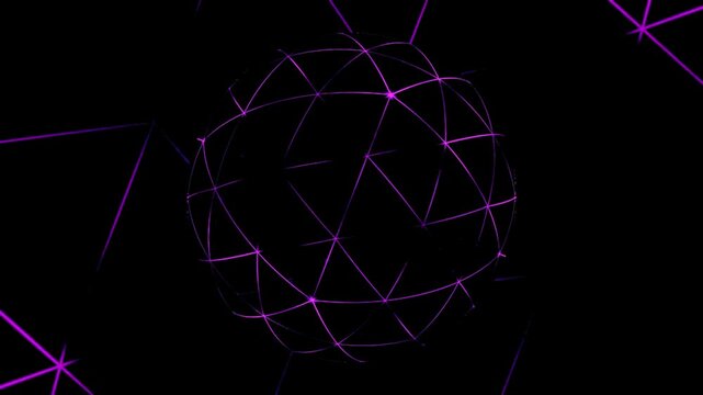 Futuristic purple plexus sphere rotating on a dark background, representing a digital network and global connectivity.