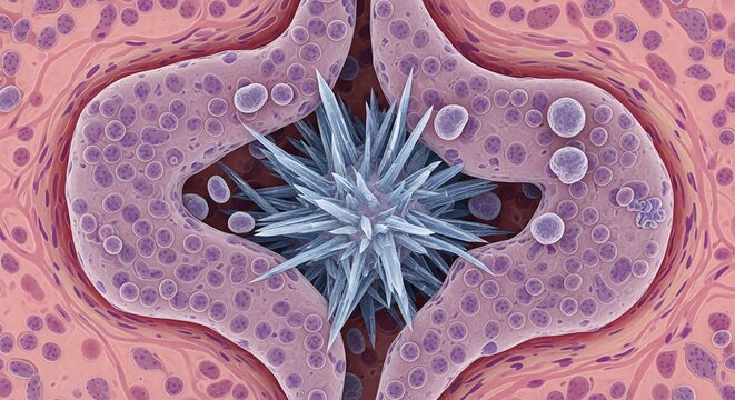 Close up scanning electron microscope image showing crystal structures and biological cells