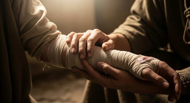 Person gently tending to another's bandaged arm conveying care and healing