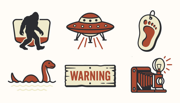 Retro cryptid and paranormal investigation icon set