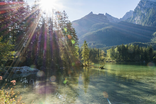 Idyllic Hintersee lake with small islands and Zauberwald Forest and Hochkalter mountain in Berchtesgaden Alps Ramsau

