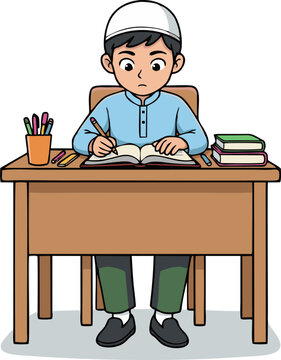 Young Muslim Boy Focused on Studying at a Desk with Books and Pencils Writing in a Notebook for Education