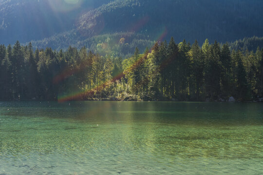Idyllic Hintersee lake with small islands and Zauberwald Forest and Hochkalter mountain in Berchtesgaden Alps Ramsau
