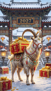 Winter scenery of Chinese New Year 2027 with white goat and traditional lanterns in snow