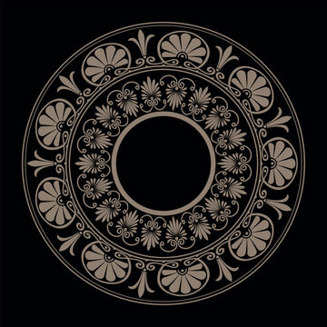 Gold round frame Greek floral meander. Circular gold frame Greek palmette ornament. Classic antique border for textile, engraving, embroidery, porcelain, Mediterranean ceramic, laser cutting, plate 