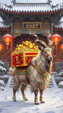 Elegant 2027 Chinese New Year greeting card featuring a goat in a snowy temple courtyard
