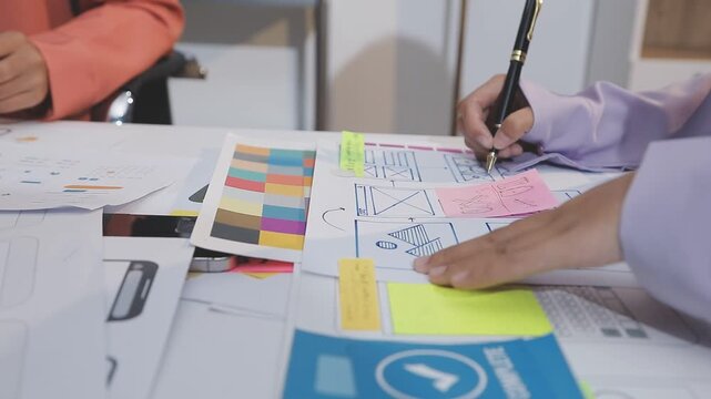 Asian uxui designer working on website design using sticky notes and wireframes