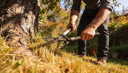 Obraz premium Cutting male homeowner trimming weeds at tree base in backyard, with loppers and rolled sleeves
