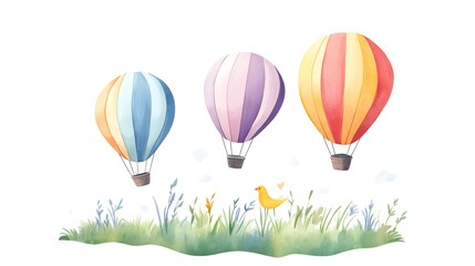 Obraz premium Three watercolor hot air balloons float above a grassy meadow with a bird