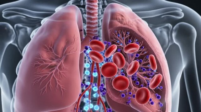 Anatomical 3D animation showing gas exchange in human lungs and circulatory system