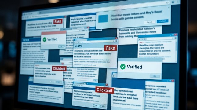 Fake news and verified fact checking pop up windows on computer screen