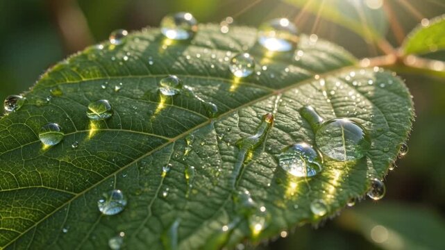 Close-up of dew drops on a green leaf with morning sunlight reflecting in the water, macro nature background, fresh plant after rain.