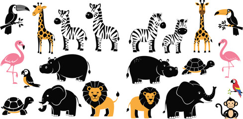 Obraz premium Vector illustration set of cute safari zoo animal characters including zebras, elephants, giraffes, and monkeys