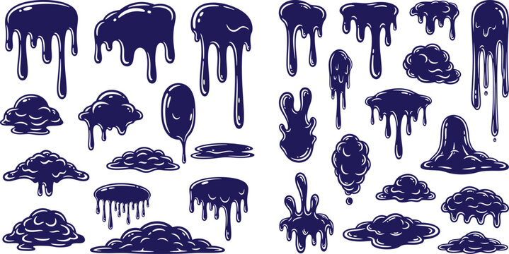 Various shapes of dark blue viscous liquid dripping and melting forms creating unique textured elements