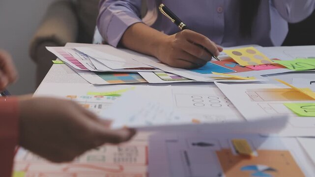 Asian uxui designer working on website design using sticky notes and wireframes