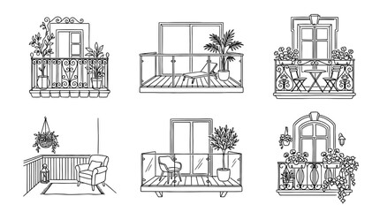 Naklejka premium balcony , six black Continuous Line Art (Single Line) vector set collection , white background , PNG and SVG