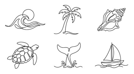 Obraz premium beach towel , six black Continuous Line Art (Single Line) vector set collection , white background , PNG and SVG