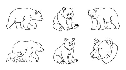 Fototapeta premium bear , six black Continuous Line Art (Single Line) vector set collection , white background , PNG and SVG