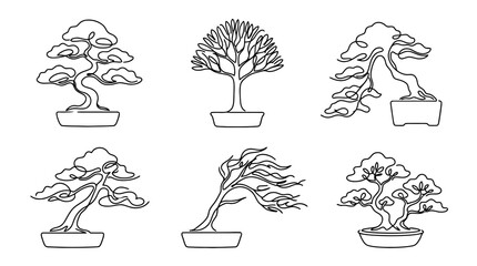 Fototapeta premium bonsai tree , six black Continuous Line Art (Single Line) vector set collection , white background , PNG and SVG