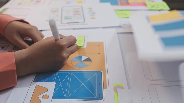 Asian uxui designer working on website design using sticky notes and wireframes