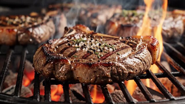 Juicy t-bone steak sizzling on hot charcoal grill with open flames and smoke