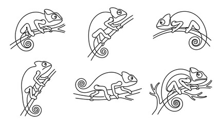 Obraz premium chameleon , six black Continuous Line Art (Single Line) vector set collection , white background , PNG and SVG