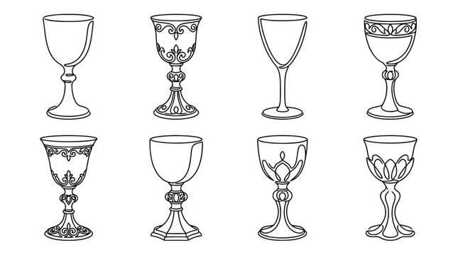 chalice , six black Continuous Line Art (Single Line) vector set collection , white background , PNG and SVG
