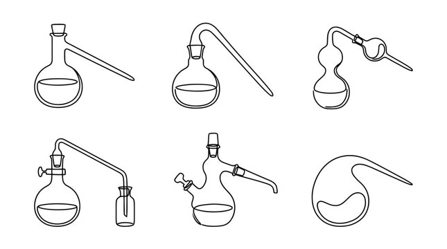 chemistry retort , six black Continuous Line Art (Single Line) vector set collection , white background , PNG and SVG