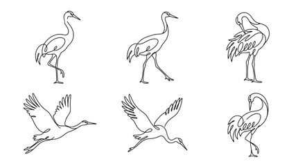 Obraz premium crane , six black Continuous Line Art (Single Line) vector set collection , white background , PNG and SVG